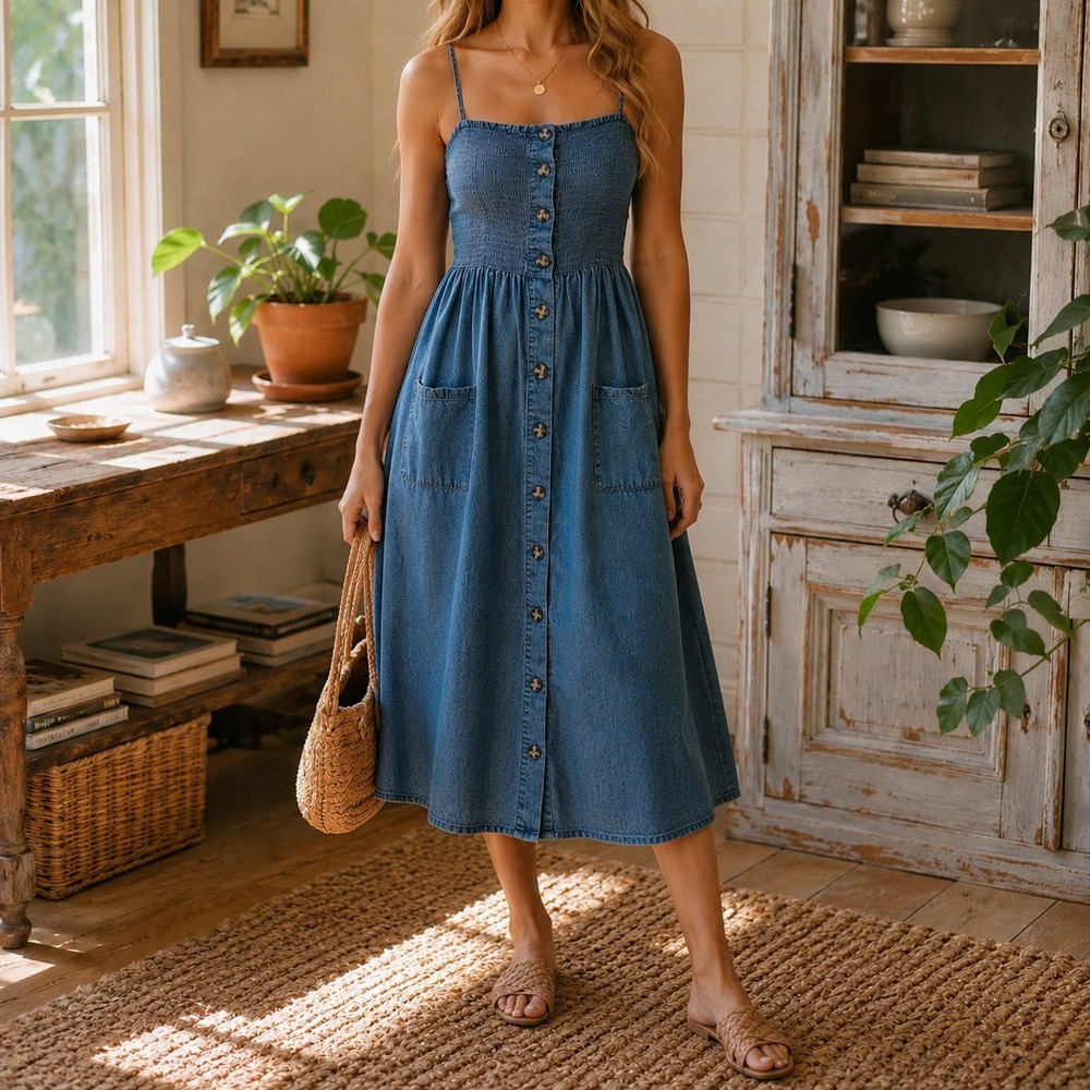 Denim Sundress XL Button Front Midi  Blue Coastal Granddaughter Cottagecore‎